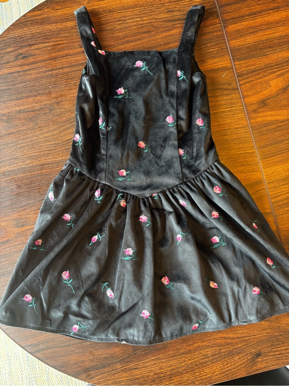 Place Black Sundress with Pink Rose Embroidery